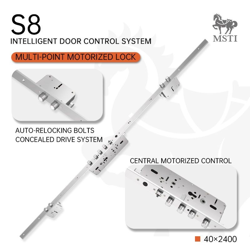 Multi-Point Motorized Lock (40×2400mm) features central motorized control, auto-relocking bolts, and a concealed drive system. Designed for enhanced security and seamless integration with smart door systems..