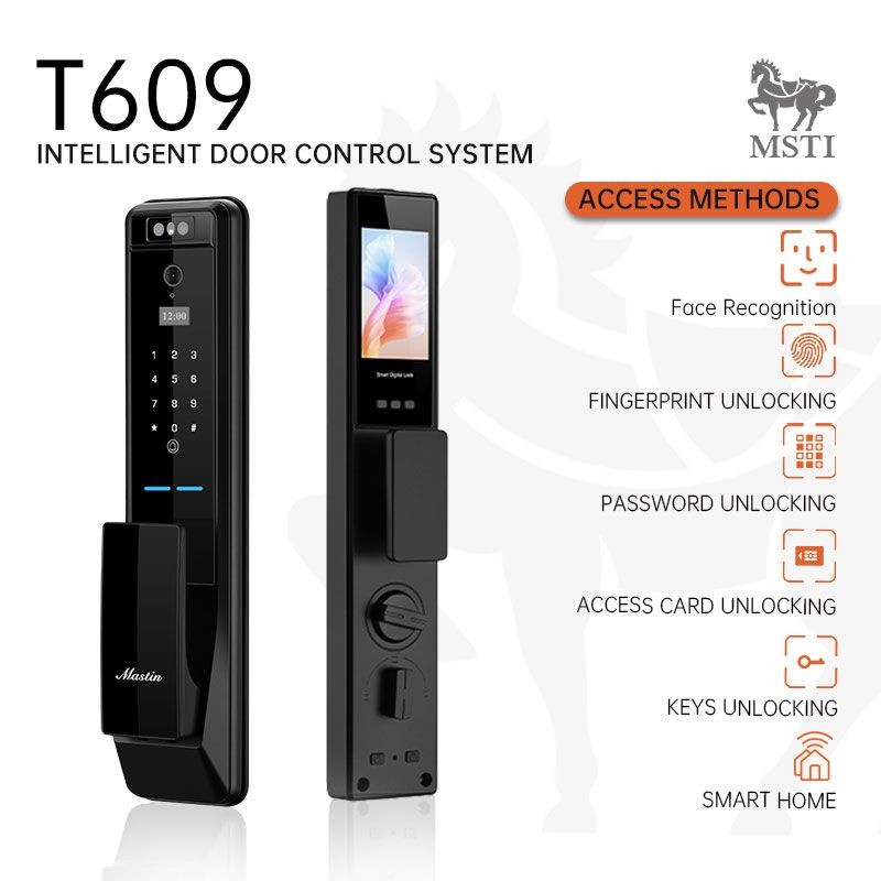 T609 smart lock front and rear view with six unlocking method icons: facial recognition, fingerprint, password, access card, mechanical key, and smart home connection.