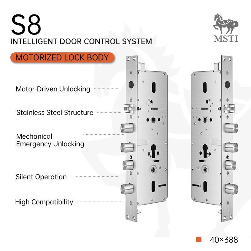 The 40×388 7068 motorized lock body features stainless steel construction, motor-driven unlocking, and mechanical emergency access. Quiet, reliable, and highly compatible with smart lock systems.