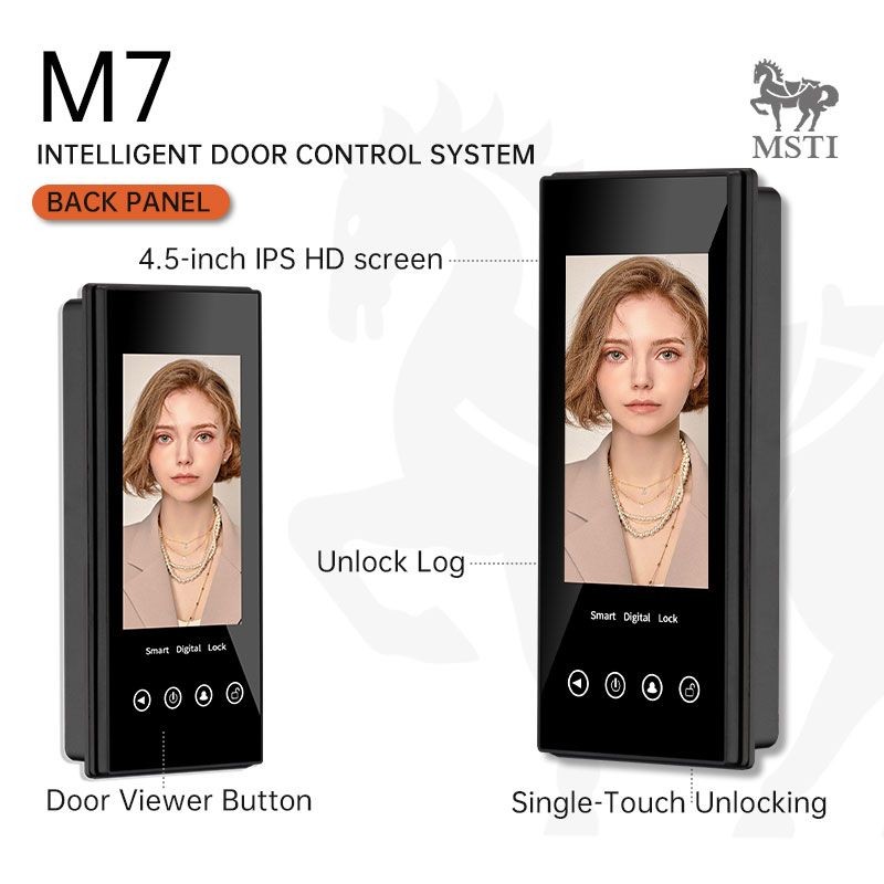 M7 smart lock rear panel with 4.5-inch IPS screen, showing door viewer button, unlock log, and one-touch unlocking function.