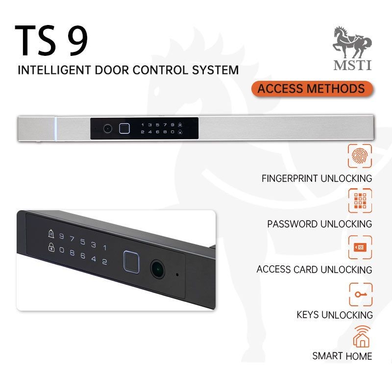 TS9 smart lock front panel with fingerprint, password, IC card, mechanical key, and smart home unlocking options