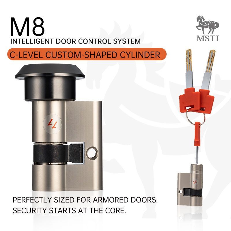 MSTI M8 C-level custom-shaped lock cylinder with high-security keys, designed for armored doors