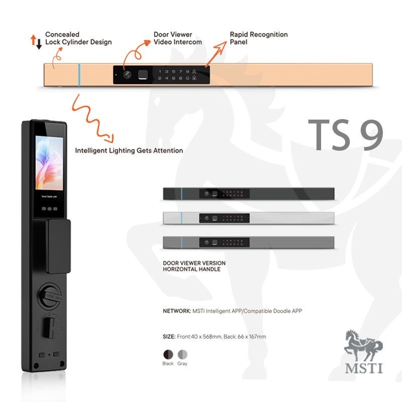 TS9 smart lock featuring door viewer video intercom, concealed lock cylinder, and intelligent lighting with horizontal handle design