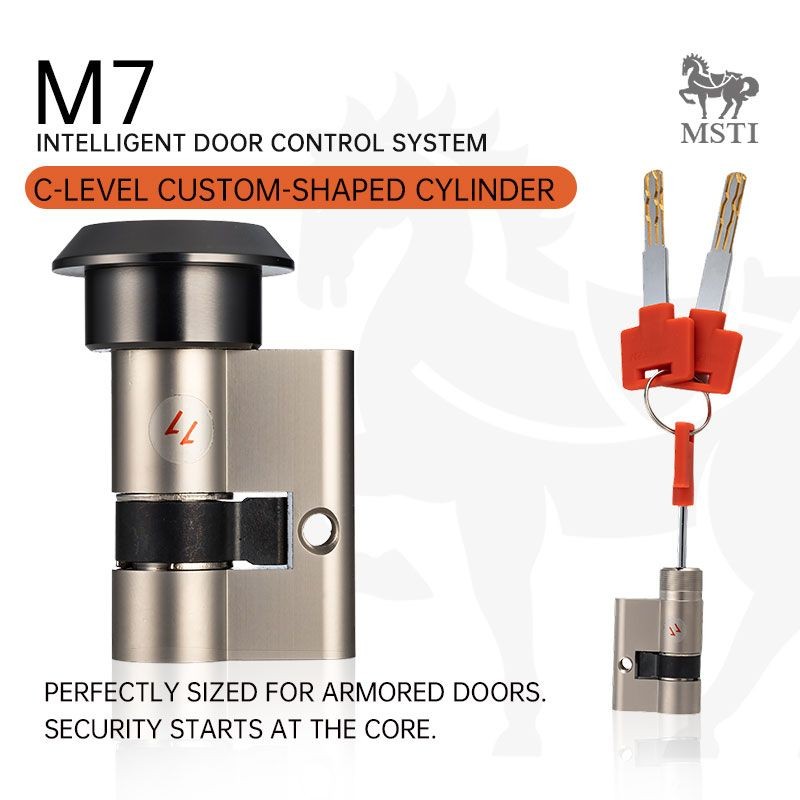 Custom-shaped C-level lock cylinder with red dual-track security keys for MSTI M7 smart lock, designed for armored doors and high-security use.