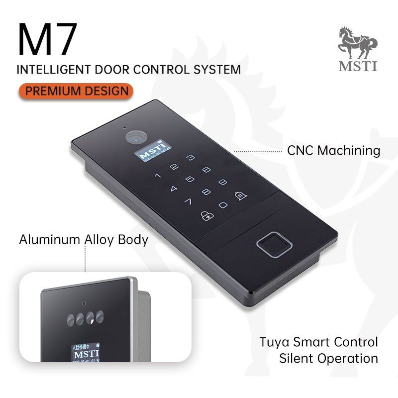 Close-up of MSTI M7 smart lock showing aluminum alloy body, CNC-machined finish, and Tuya smart control system for silent, intelligent access.