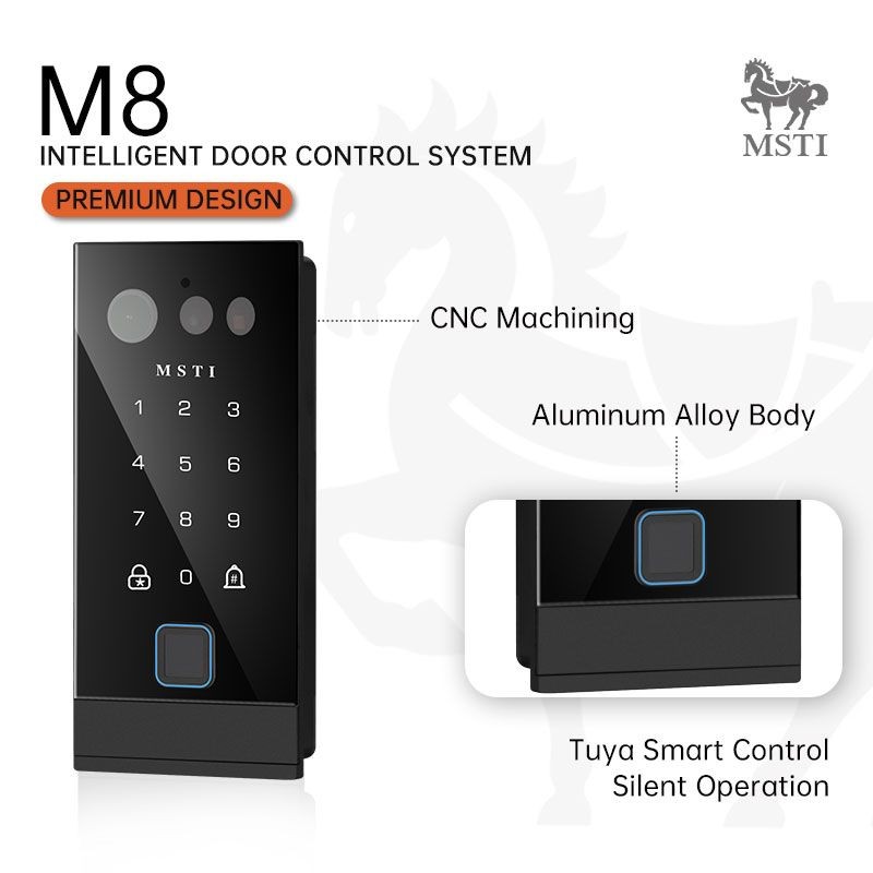 MSTI M8 smart lock with CNC-machined aluminum alloy body, Tuya smart control, and silent operation