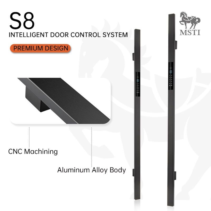 S9 smart lock front handle with multiple unlocking methods: face recognition, fingerprint, password, card, key, and smart home integration.
