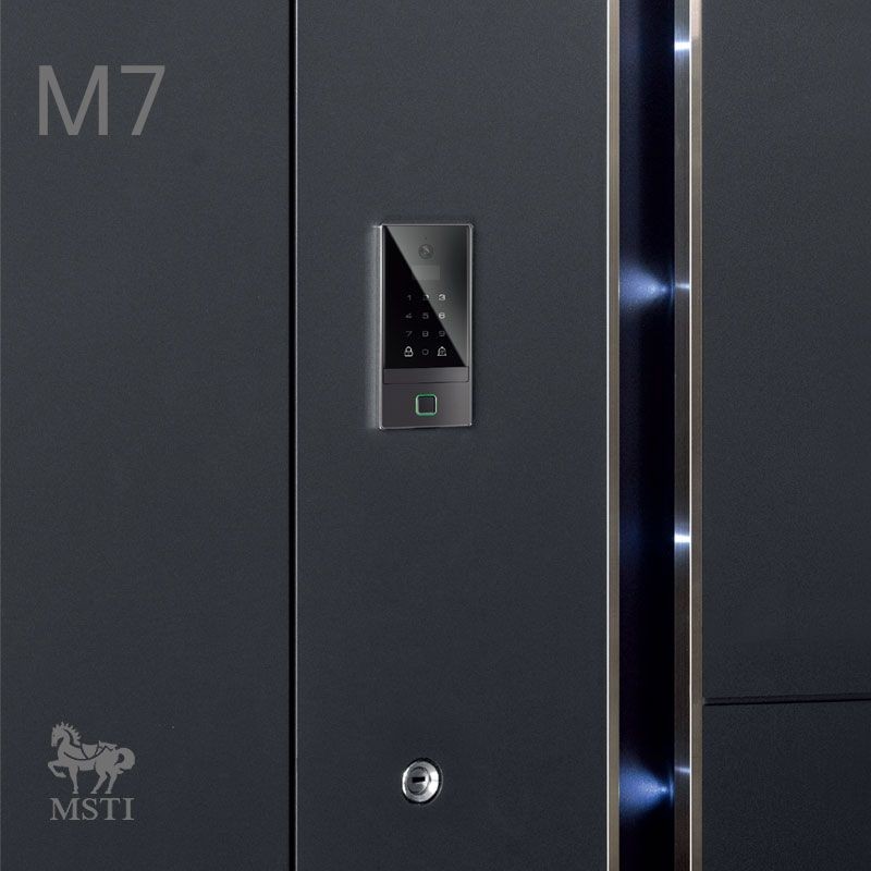 MSTI M7 smart lock installed on a sleek black armored door, showcasing minimalist design and flush-mounted integration.