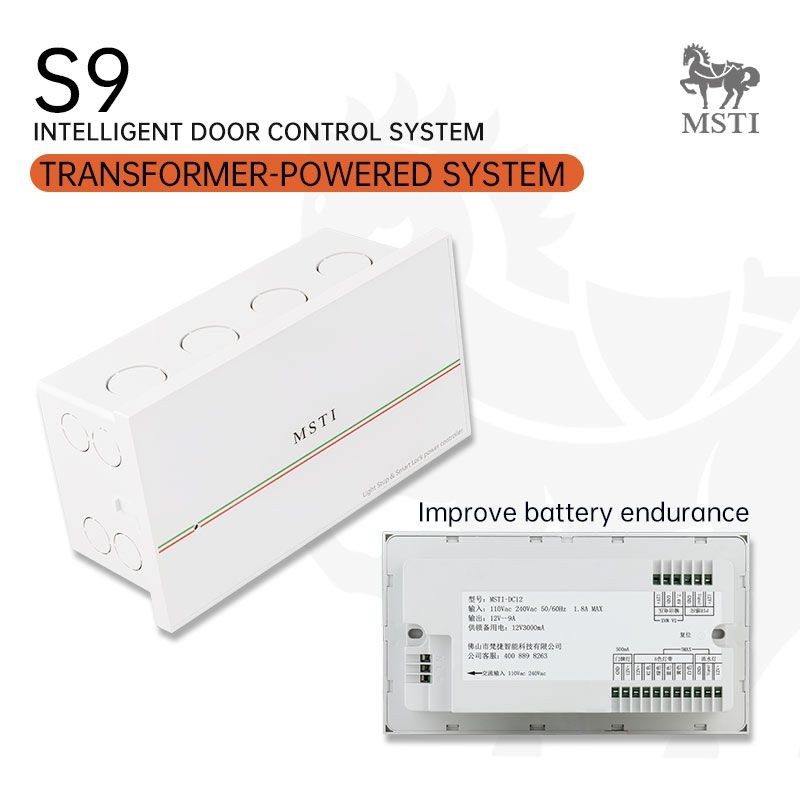 Smart lock transformer with 7.6V/12V output, UPS backup, and smart lighting integration.