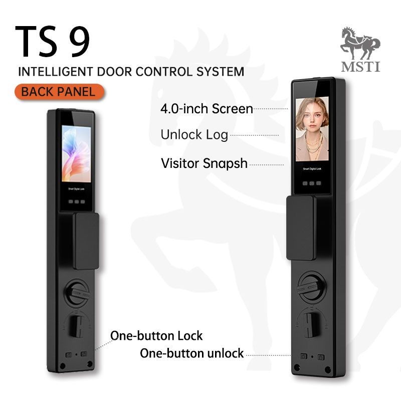 TS9 smart lock rear panel with 4.0-inch screen, visitor snapshot, unlock log, and one-button lock/unlock function