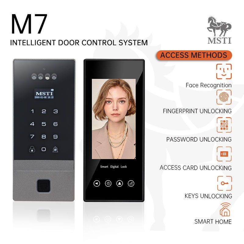 M7 smart lock from MSTI showing face recognition, fingerprint, password, IC card, mechanical key unlocking, and smart home compatibility.