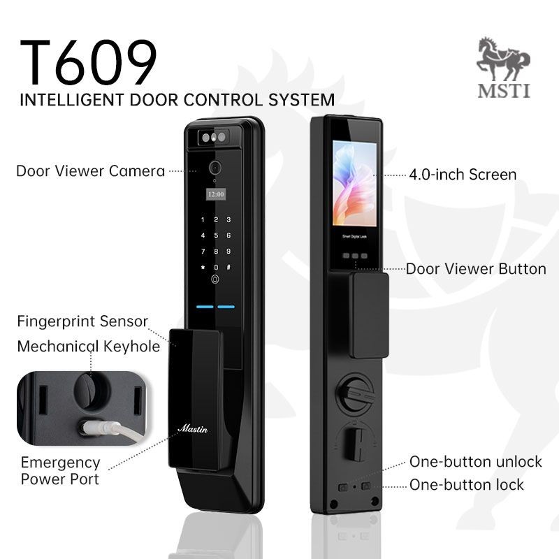 Functional layout of the T609 smart lock, labeling screen, camera, fingerprint sensor, mechanical keyhole, and one-button lock/unlock features.