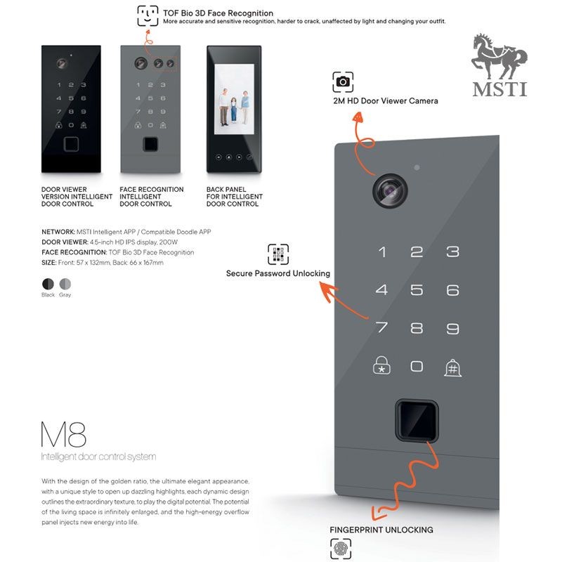 MSTI M8 embedded smart lock with face recognition, fingerprint, and password access, featuring HD door viewer