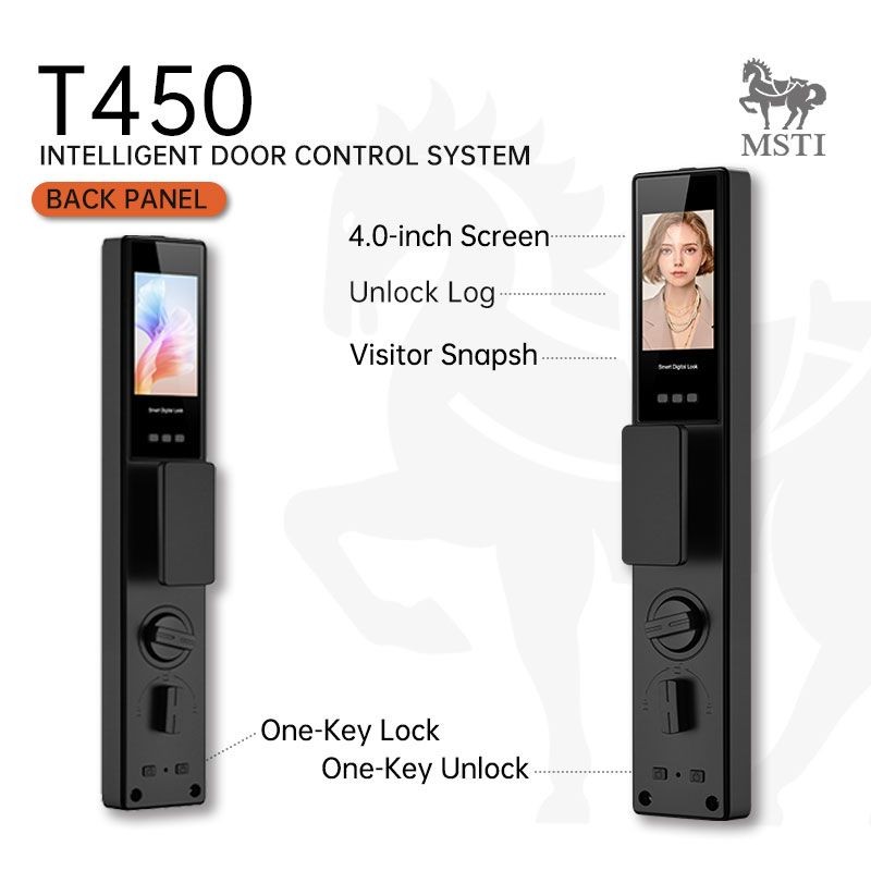 T450 smart lock rear panel showing 4.0-inch screen with unlock logs, visitor snapshots, and one-key lock/unlock features by MSTI.