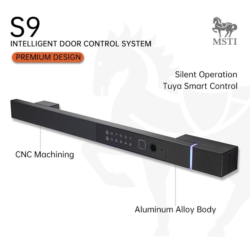 S9 smart lock with aluminum alloy body, CNC machining, Tuya smart control, and silent operation.