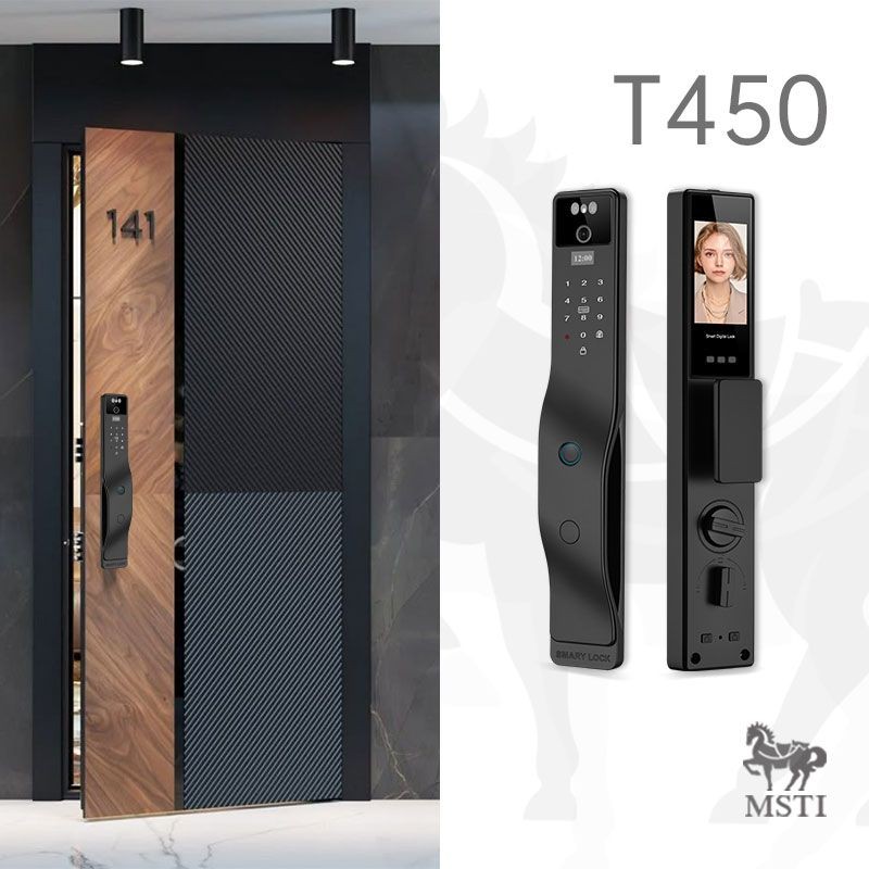 T450 smart lock installed on a modern wooden door, showcasing its sleek design and full-screen face recognition panel, by MSTI.