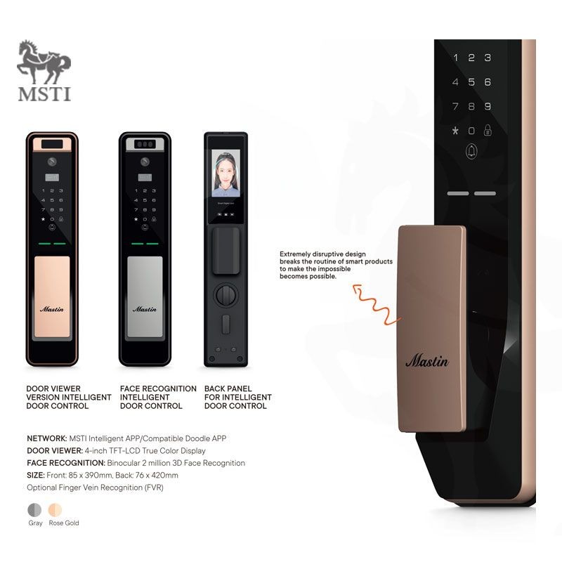 T609 smart lock front and back view, featuring facial recognition, keypad panel, and minimalist handle design, available in gray and rose gold.