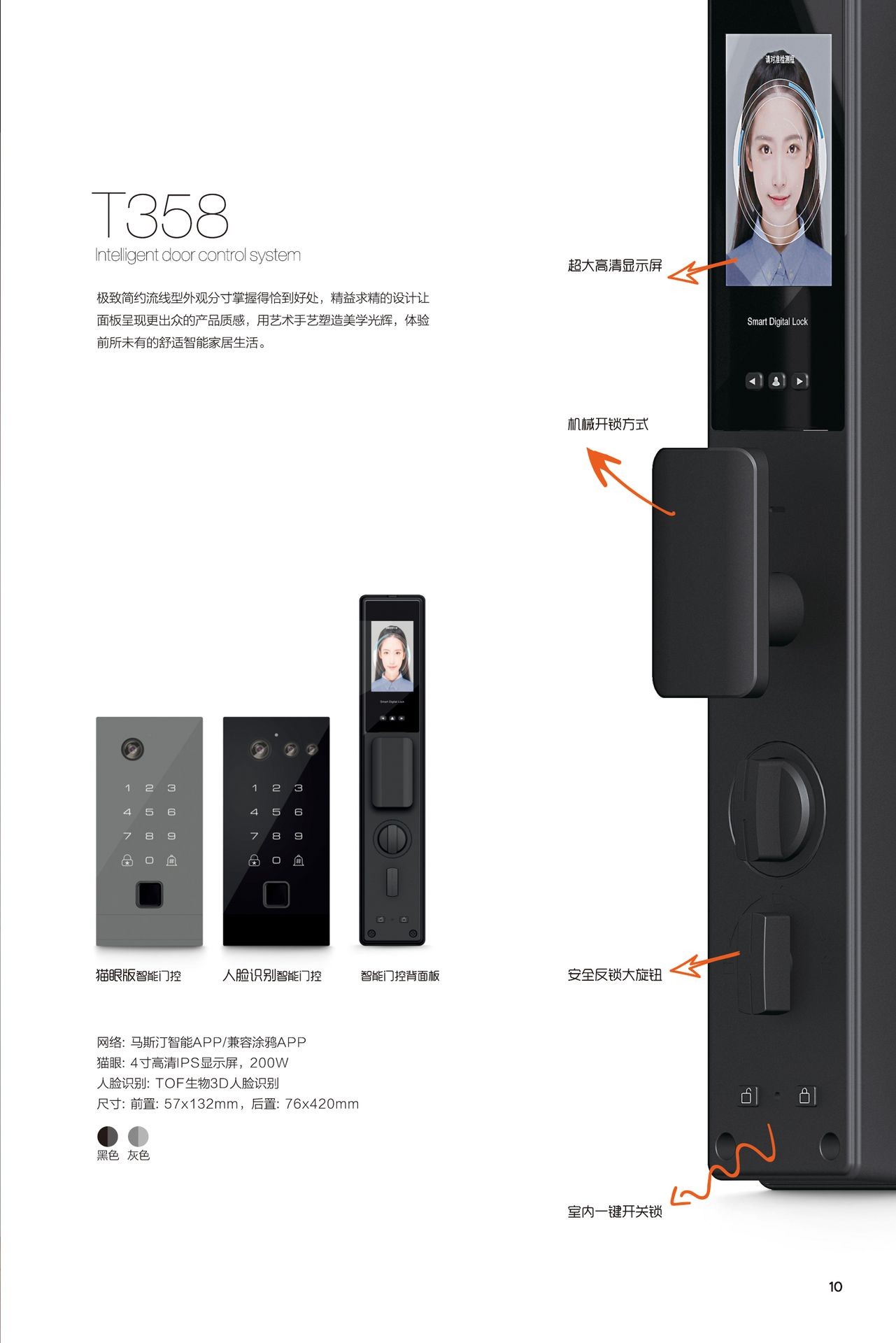 T358 intelligent door lock system with high-definition display and various lock mechanisms.